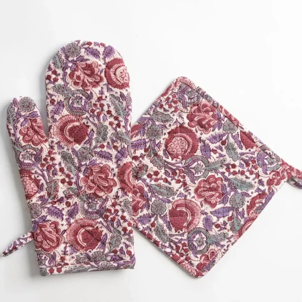 Bohemian Floral Dusty Rose Oven Mitt Set