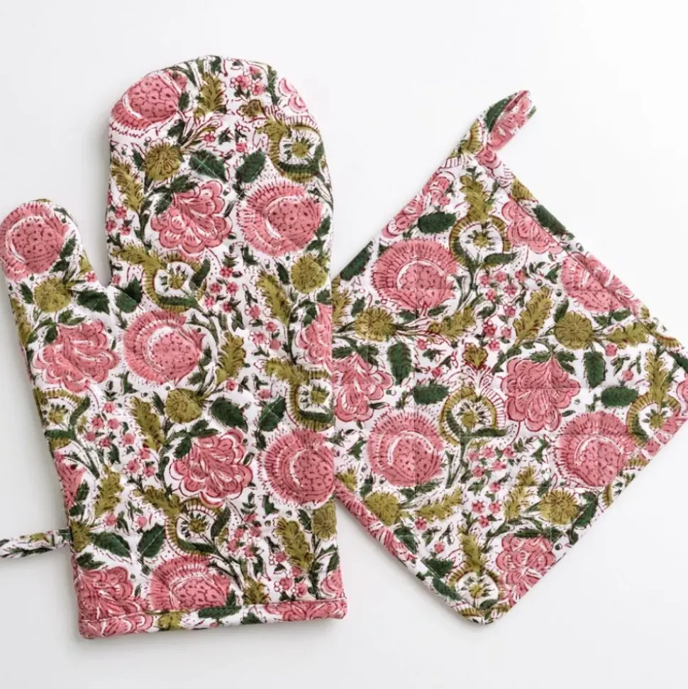 Bohemian Floral Moss & Mauve Oven Mitt Set