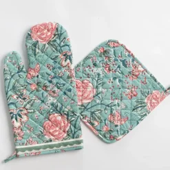 Butterfly Garden Aqua & Rose Oven Mitt Set
