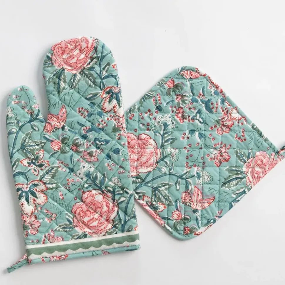 Butterfly Garden Aqua & Rose Oven Mitt Set