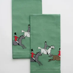 Embroidered Hunt Scene Green Tea Towels