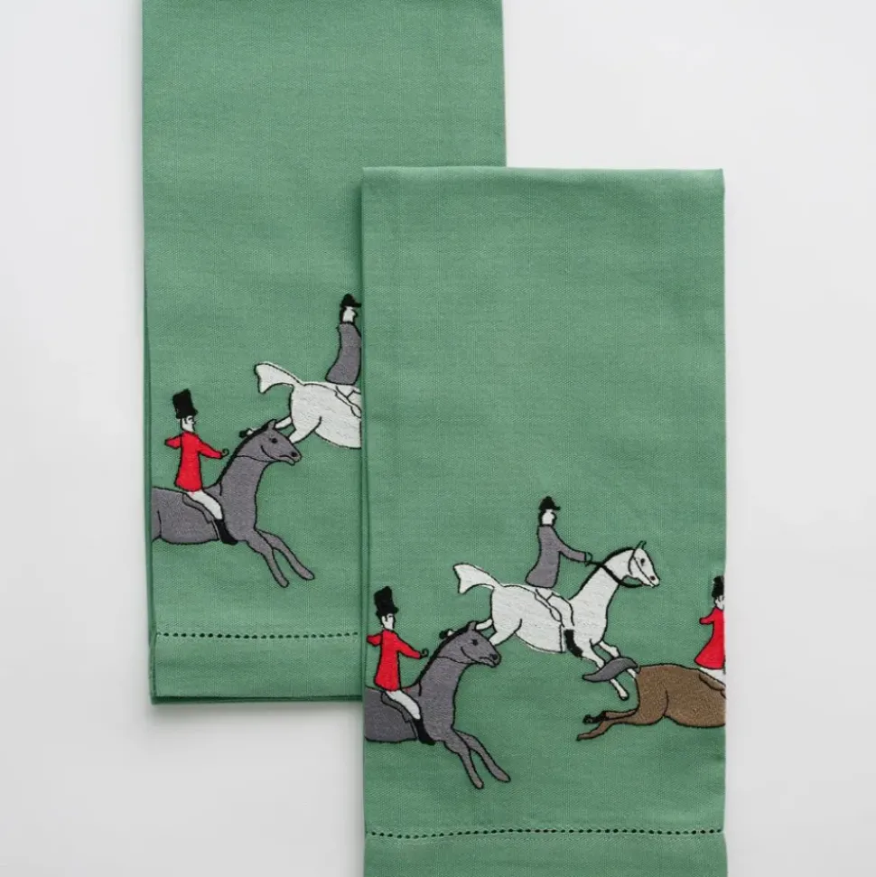 Embroidered Hunt Scene Green Tea Towels