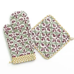 Fleur de Lis Antique Jade Oven Mitt Set