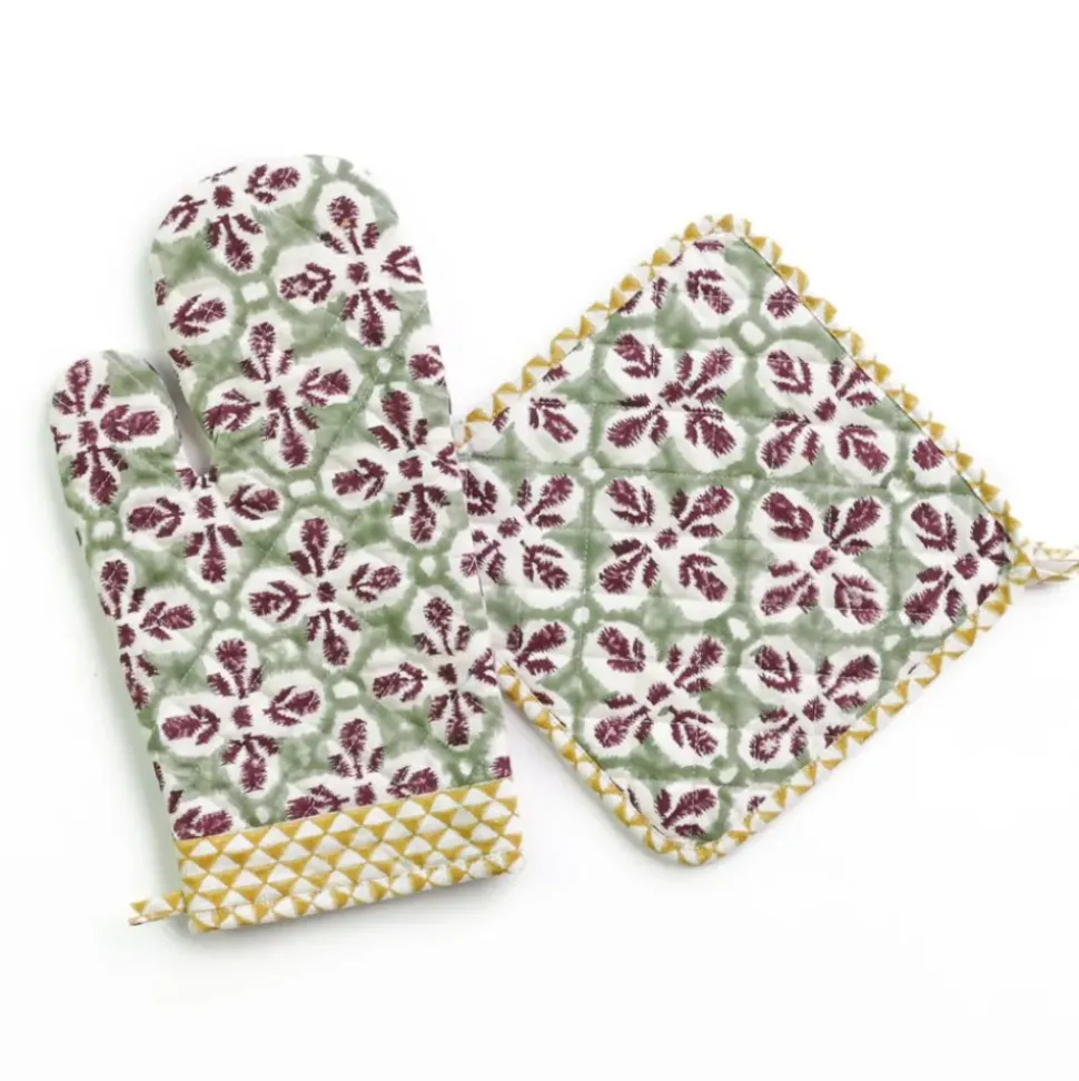 Fleur de Lis Antique Jade Oven Mitt Set