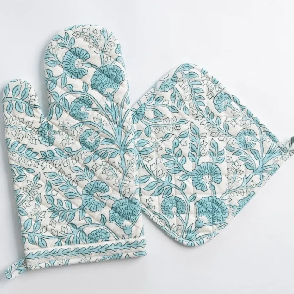 Floral Trellis Aqua Oven Mitt Set