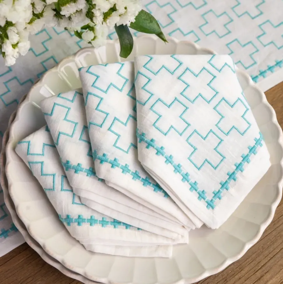 India Hicks Home Embroidered Grand Cross Palladian Blue Napkin | Set o