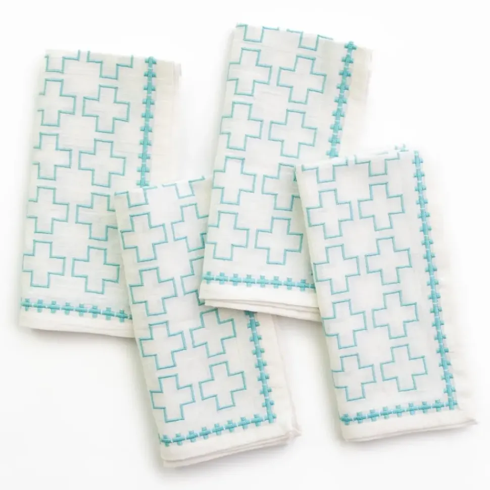 India Hicks Home Embroidered Grand Cross Palladian Blue Napkin | Set o
