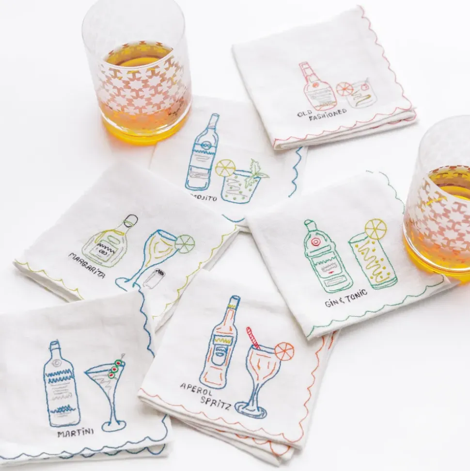 Mixed Drink Embroidered Linen Cocktail Napkins | Set of 6