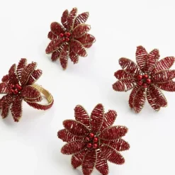 Red Flower Beaded Napkin Ring | Set of 4