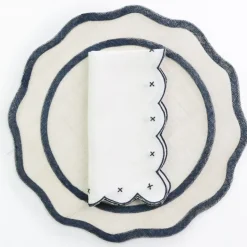 Scalloped Knot Navy Embroidered Linen Napkin | Set of 4
