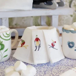 Skiers Embroidered Linen Cocktail Napkin | Set of 4