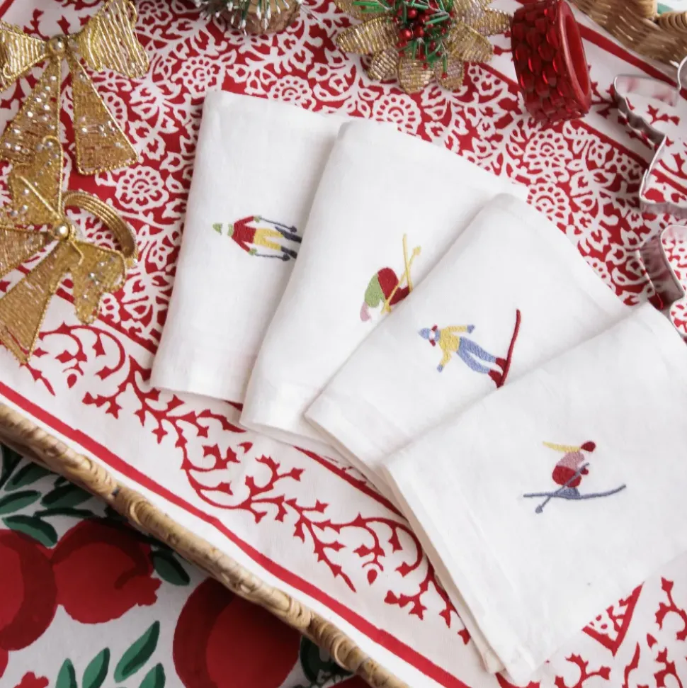 Skiers Embroidered Linen Cocktail Napkin | Set of 4
