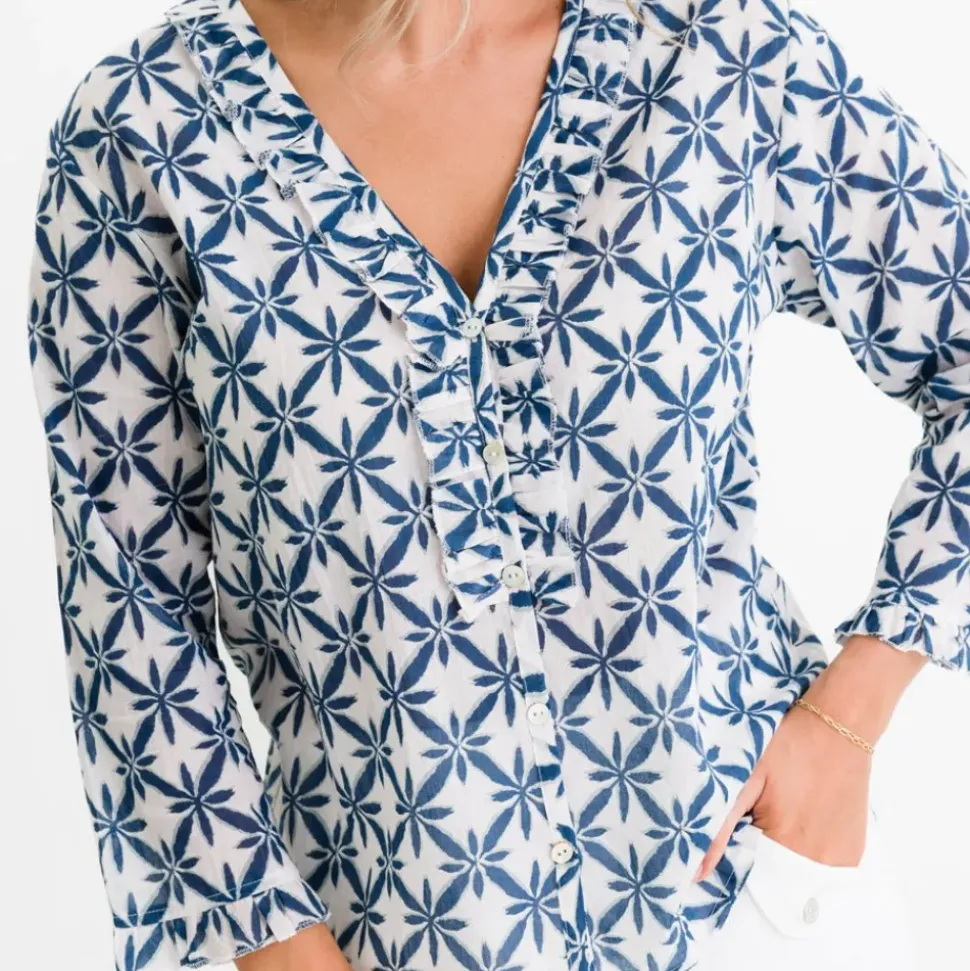 Starburst Flower Navy Flange Button Blouse