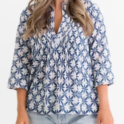 Starburst Flower Navy Pintuck Blouse
