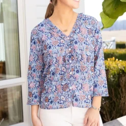 Taj Floral Blue Flange Button Blouse