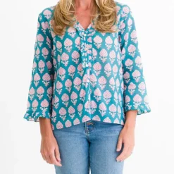 Teal Pom Flower Flange Button Blouse