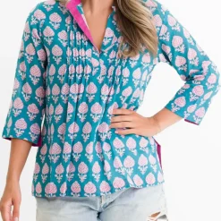 Teal Pom Flower Pintuck Blouse