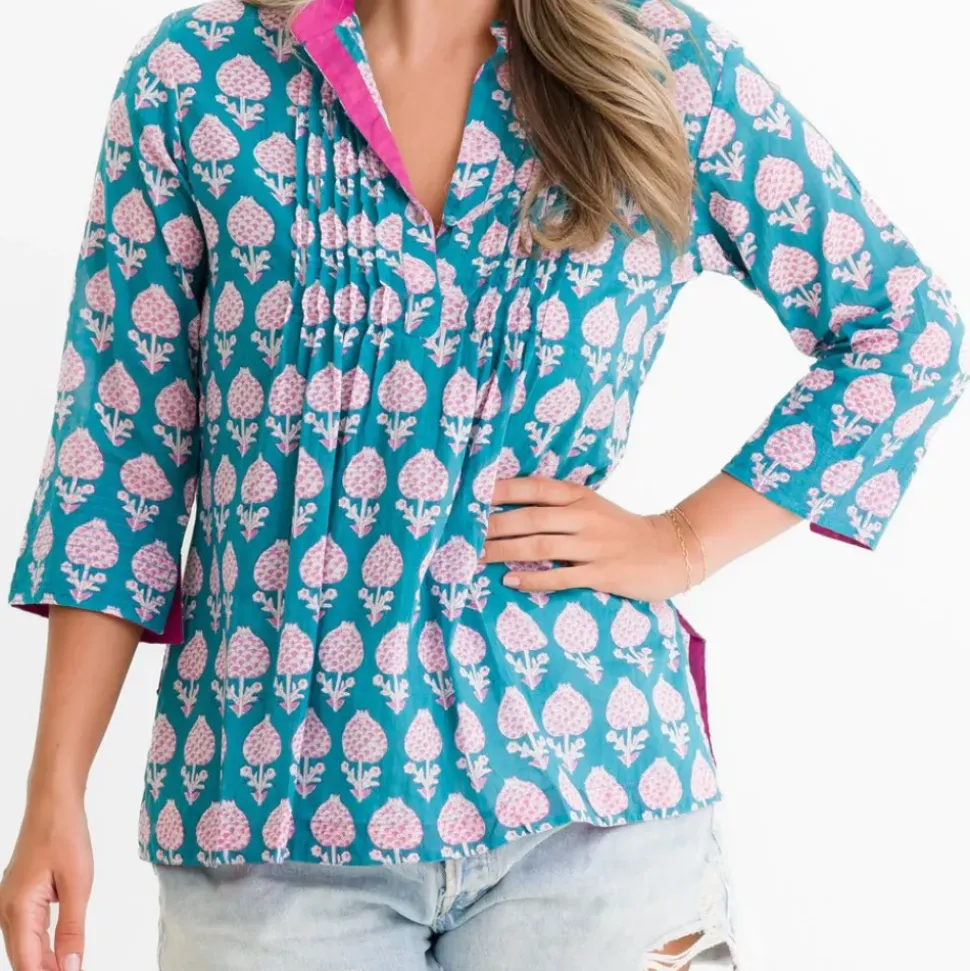 Teal Pom Flower Pintuck Blouse