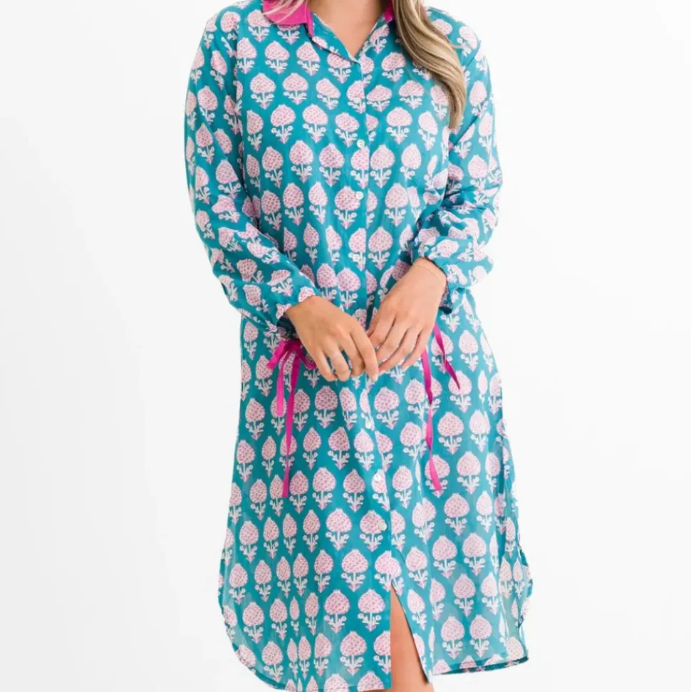 Teal Pom Flower Shifty Shirtdress