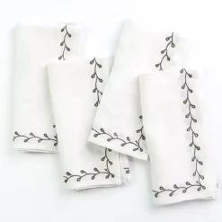 Twig & Bud Brown Embroidered Linen Napkin | Set of 4