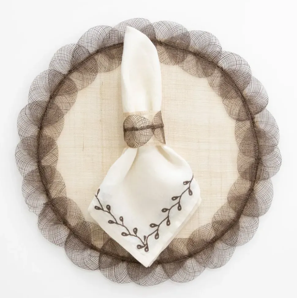Twig & Bud Brown Embroidered Linen Napkin | Set of 4