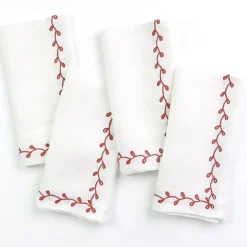 Twig & Bud Coral Embroidered Linen Napkin | Set of 4