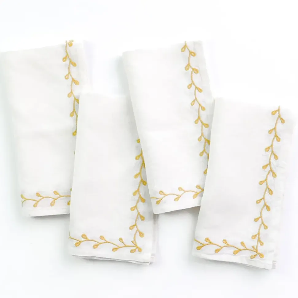 Twig & Bud Mustard Embroidered Linen Napkin | Set of 4