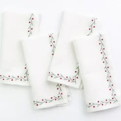 Twig & Dot Red & Green Embroidered Linen Napkin | Set of 4