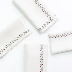 Twig & Dot Red & Green Embroidered Linen Napkin | Set of 4