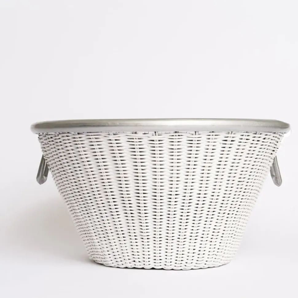 White Wicker and Aluminum Ice Bucket with Handles