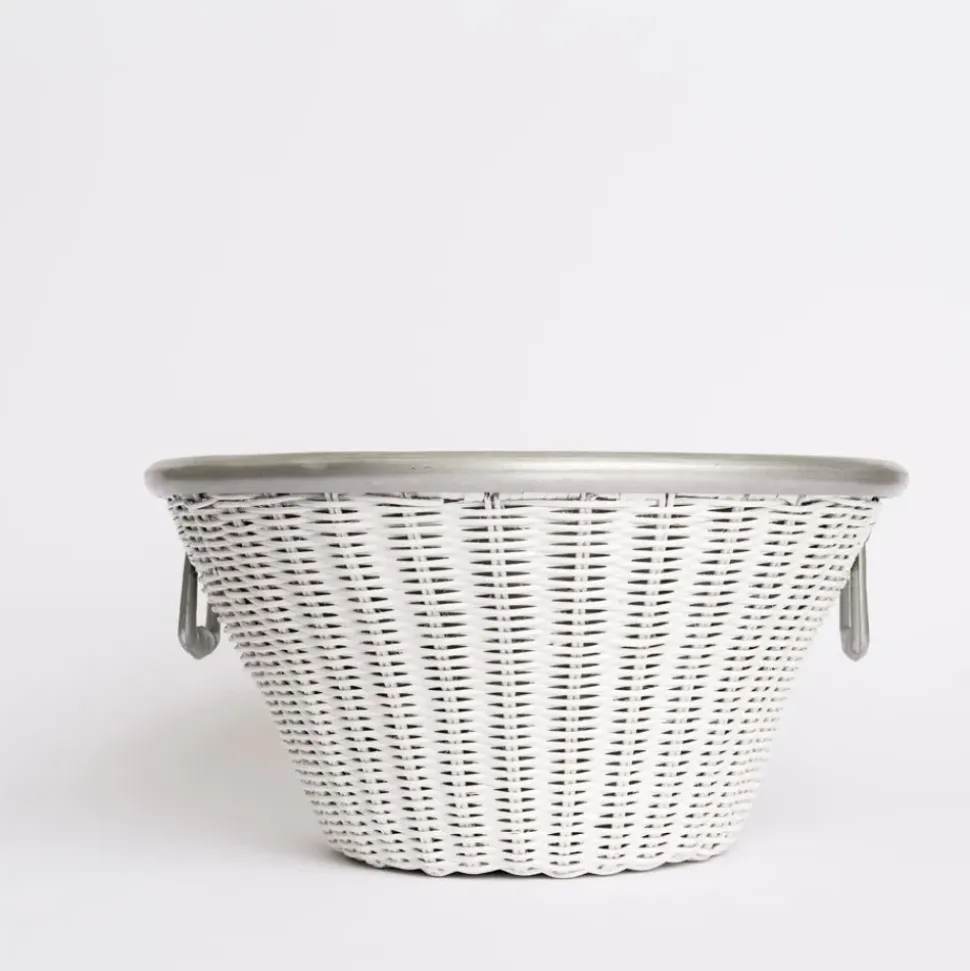 White Wicker and Aluminum Ice Bucket with Handles