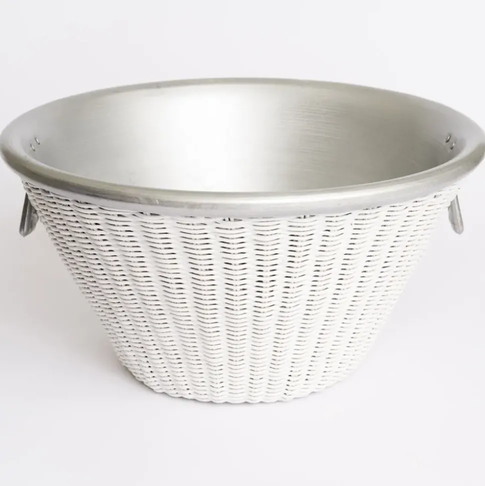 White Wicker and Aluminum Ice Bucket with Handles